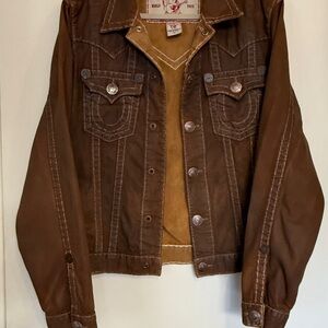 True Religion Tan Denim Jacket with White Stitching